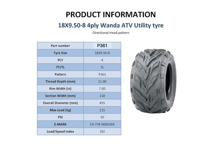 Wanda Set 19x7-8 ve 18x9.5-8 P361 4PR Atv Ön Arka Takım