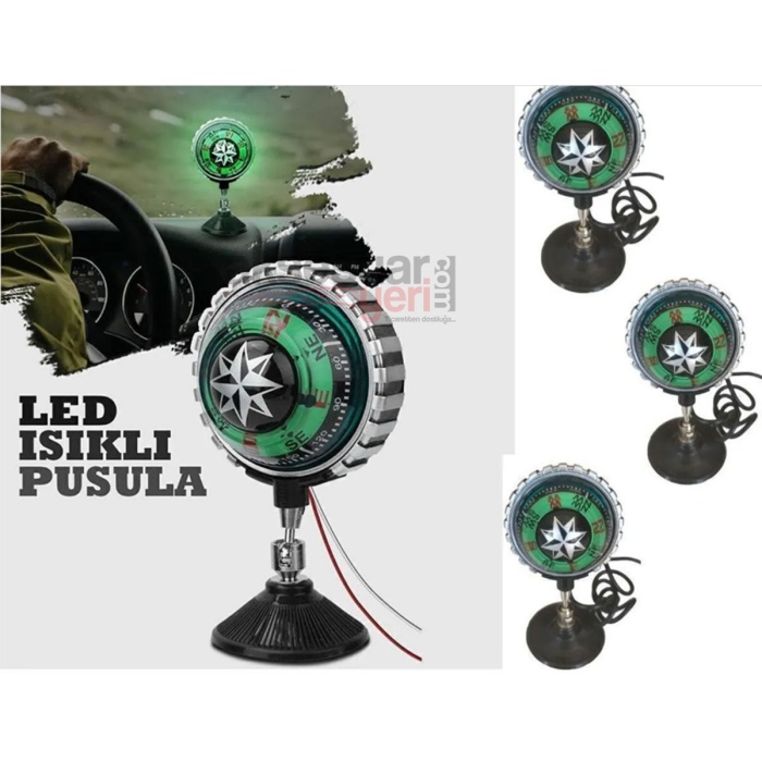 Led Işıklı Pusula - Led Yeşil Işıklı Vantuzlu - 12V 5li