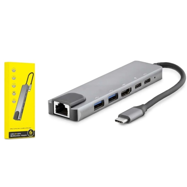 HADRON HDX7791 TYPE-C (M) TO 2USB3.0+2TYPE-C+4K HDTV+ETHERNET (6F) MULTI FUNCTION ADAPÖR 6IN1 GRİ