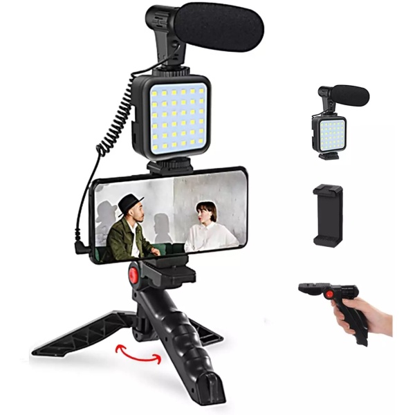 Ay-49 Smartphone Camera Video Microphone Vlogging Kit With Microphone Mini Led Light And Tripod