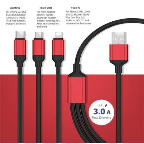 UsbDen Type CYe Lightning Micro 3Ü 1 Arada Çoklu 2 4A Hızlı Şarj Kablosu