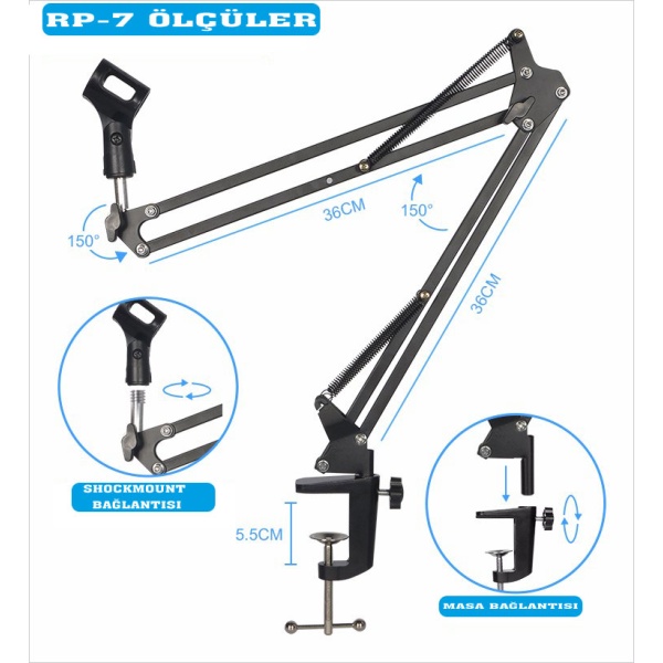 Rp-7 36Cm Podcast Akrobat Masa Monteli Mic Stand