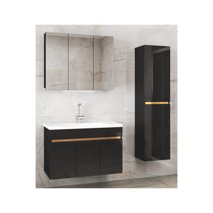 Viola3 S-Siyah 100+35 cm MDF-Aynalı Seramik Lavabolu Banyo Dolabı Takımı**DEMONTE DEĞİL**