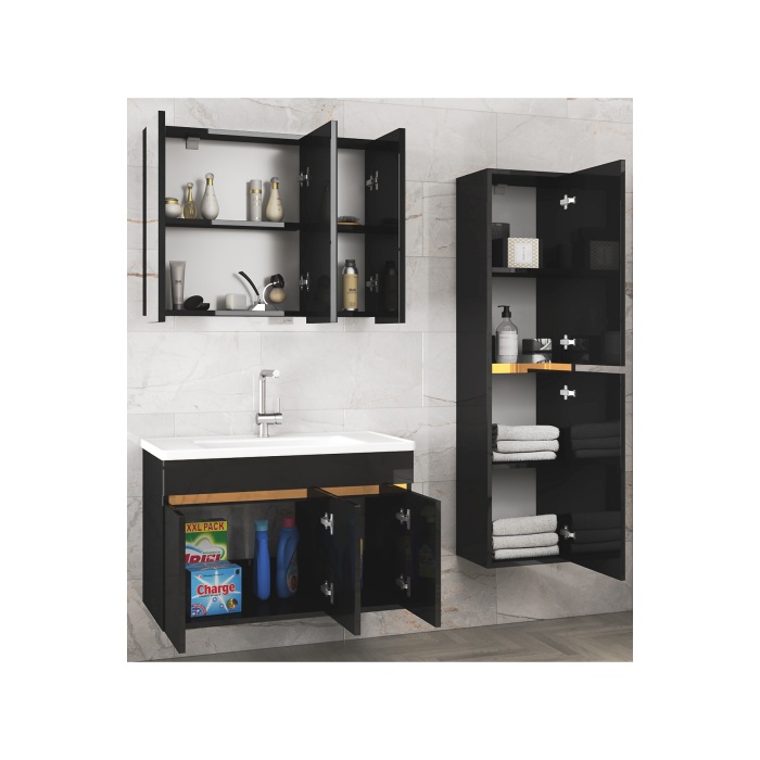 Viola3 S-Siyah 100+35 cm MDF-Aynalı Seramik Lavabolu Banyo Dolabı Takımı**DEMONTE DEĞİL**