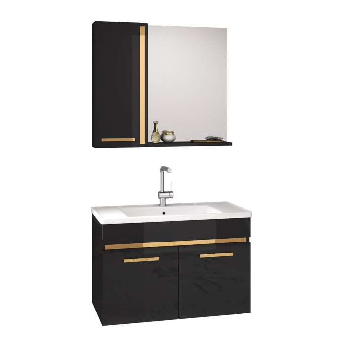 Yeni Gold Siyah 65 Cm Aynalı Seramik Lavabolu Mdf Banyo Dolabı Seti **hazır Kurulu**