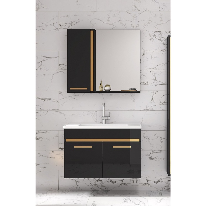 Yeni Gold Siyah 80 Cm Ayna Dolaplı Seramik Lavabolu Mdf Banyo Dolabı Seti**hazır Kurulu**