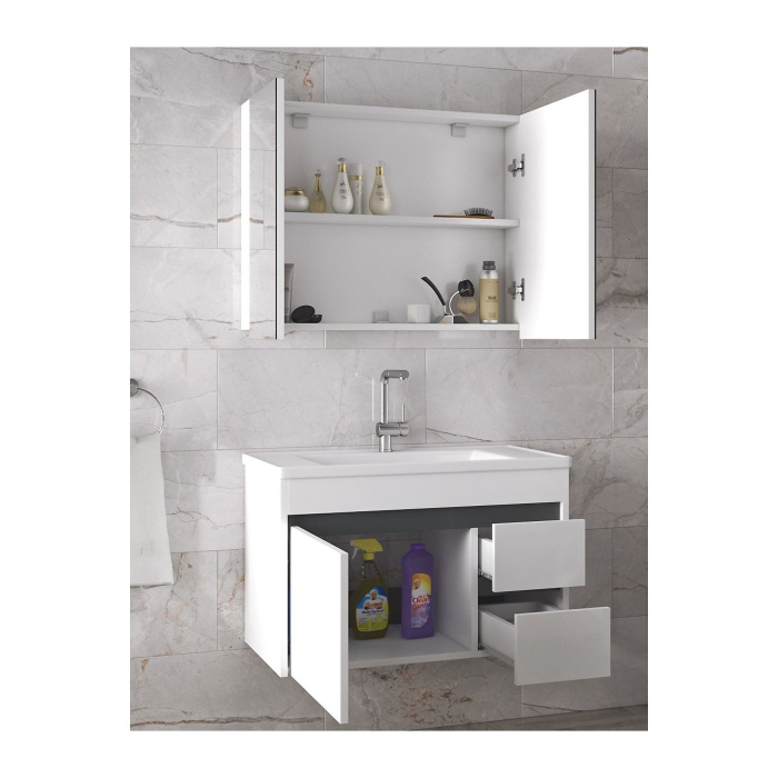 Viosen-ea 80 Cm Ayna Dolaplı-lavabolu Mdf Banyo Dolabı Seti**hazır Kurulu**