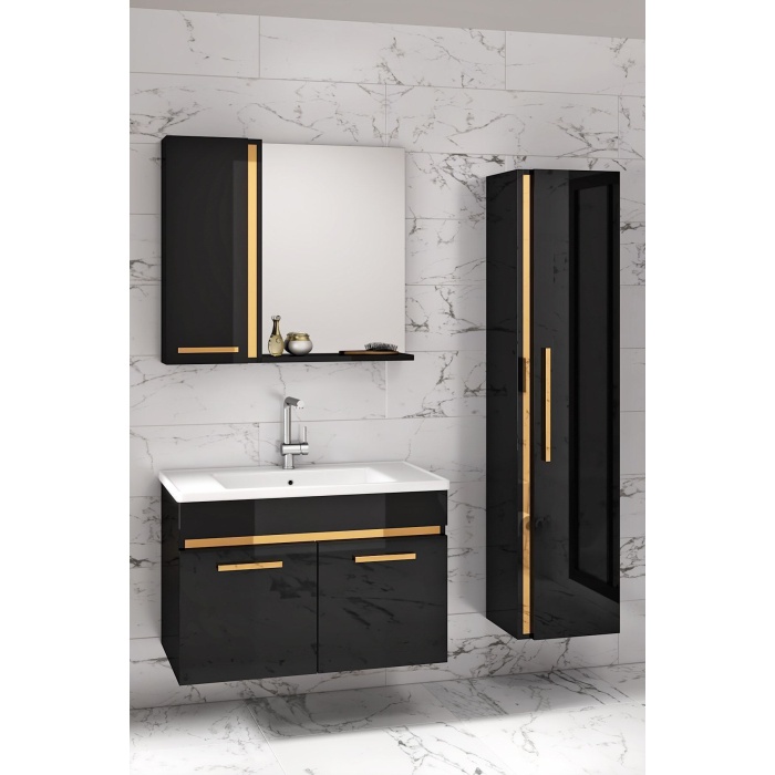 Yeni Gold Siyah (80 35) 115 Cm Aynalı Boy Dolaplı Lavabolu Mdf Banyo Dolabı Seti**hazır Kurulu**