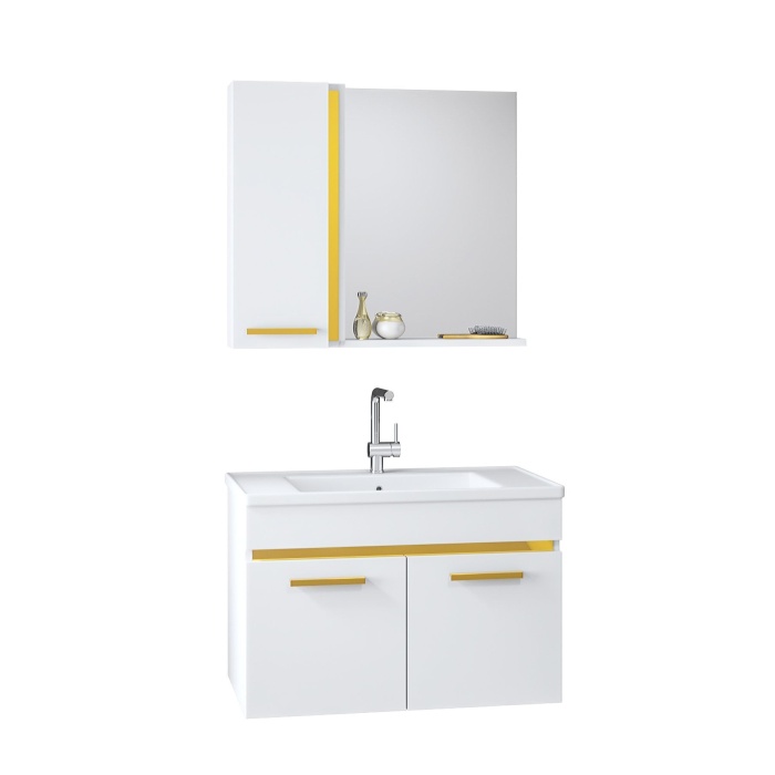 Yeni Gold Beyaz 80 Cm Aynalı Lavabolu Mdf Banyo Dolabı Seti**hazır Kurulu**