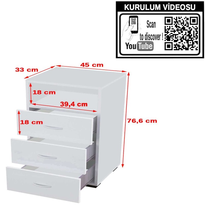 Modilayn IRMAK 45 cm Dar 3 Çekmeceli Şifonyer, komidin