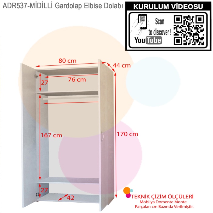 Modilayn MİDİLLİ 80x170x44 cm Gardrop 2 Kapaklı, Derin- Ölçü- Lükens Ayaklı