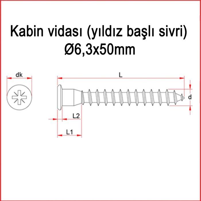 Metal Galvaniz Kabin vidası (yıldız başlı sivri) 06,3x50mm 1000 Adet Kargo bedava