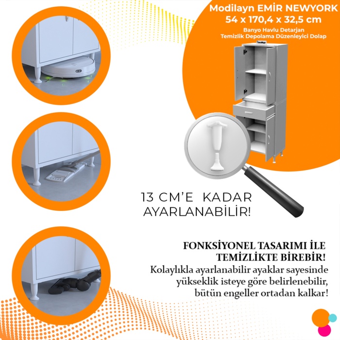 Modilayn EMİR NEWYORK 54 x 170,4 x 32,5 cm Kapaklı Ve Çekmeceli Çok Amaçlı Banyo & Mutfak Dolabı