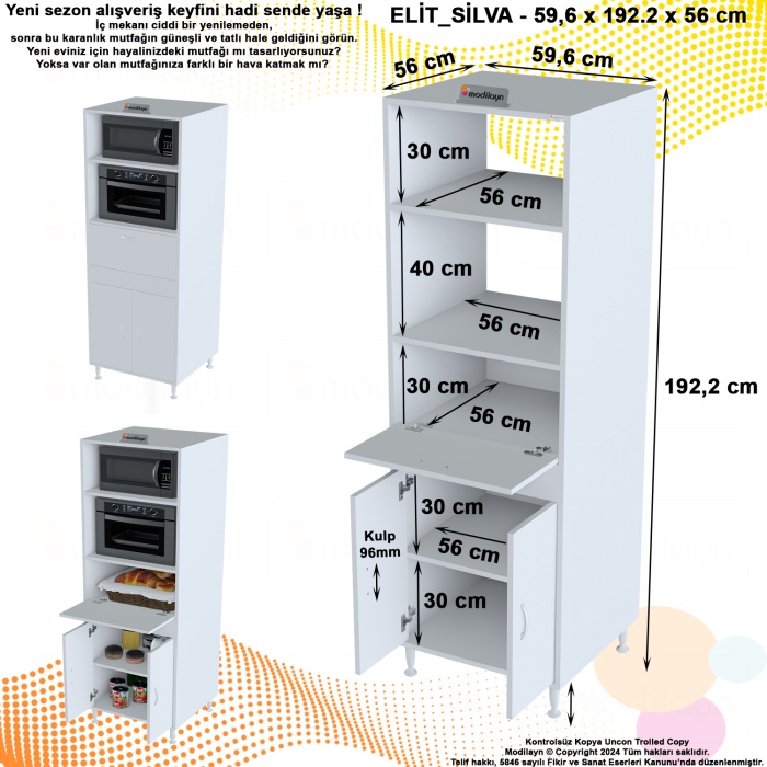 Modilayn SİLVA 59,6 x 192,2 x 56cm Geniş Derin Raf Mini Midi Mikrodalga Fırın Ekmeklik Dolabı