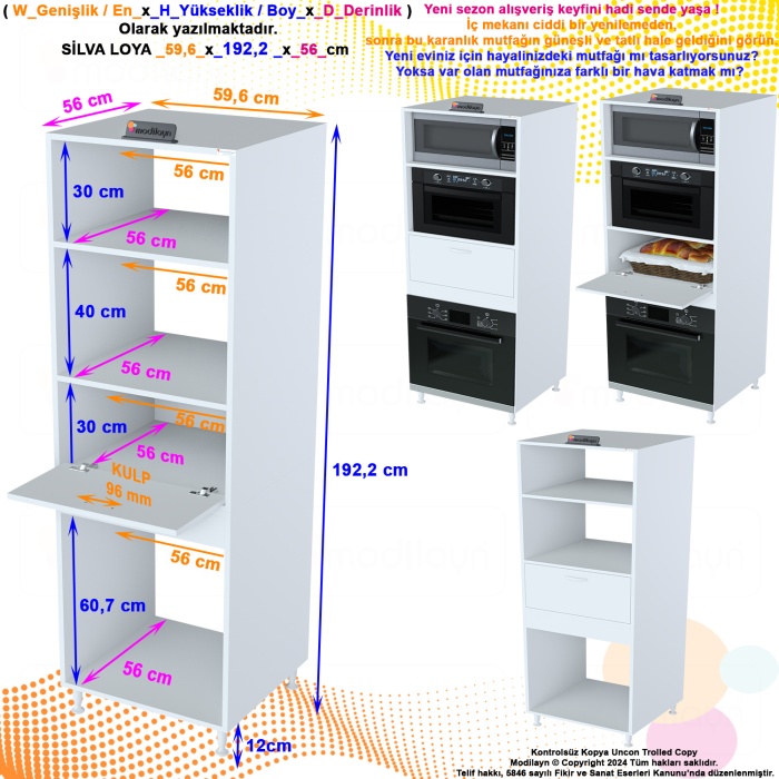 Modilayn ELİT SİLVA 59,6 x 192,2 x 56cm Ankastre Fırın 1 Kapaklı Ekmeklikli 3 Geniş Derin Göz Dolap