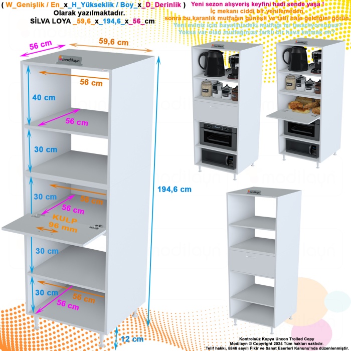 Modilayn SİLVA LOYA 59,6 x 194,6 x 56 cm Tek Kapaklı Ankastre Fırın Ve Mutfak Dolabı