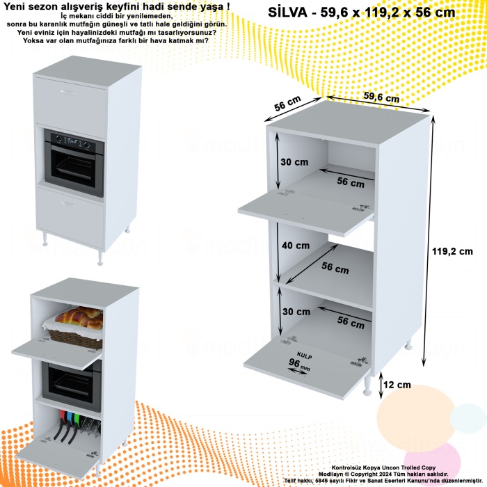 Modilayn SİLVA 59,6 x 119,2 x 56 cm Çift Kapaklı Ankastre Fırın ve Mutfak Dolabı