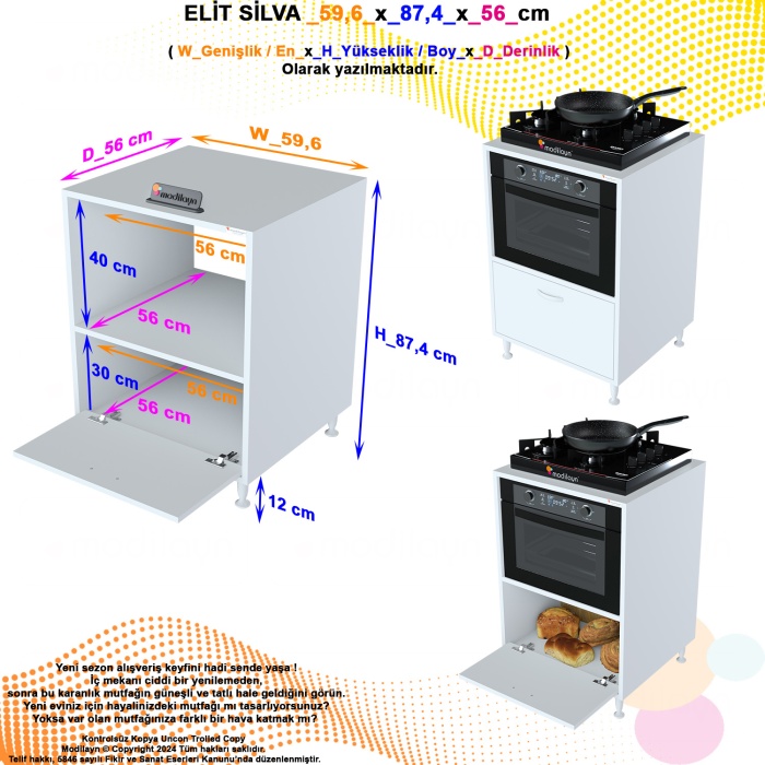 Modilayn LOYA 59,6 x 87,4 x 56 cm Set Üstü Ocak Ve Ankastre Fırın Dolabı