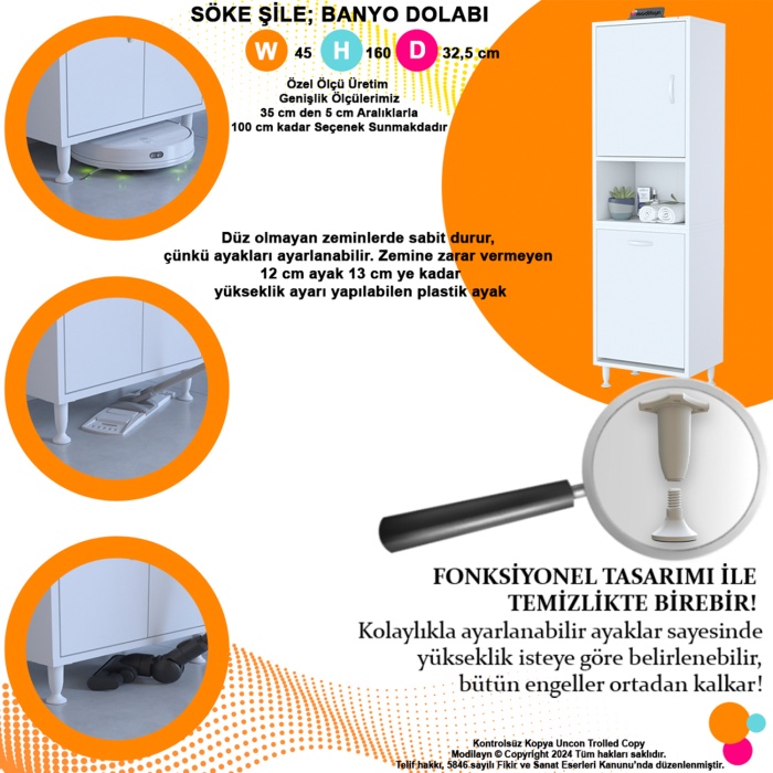 Modilayn SÖKE  ŞİLE 45 x 160 x 32,5 cm 3 Raflı 1 Kapaklı Kirli Çamaşır Bölmeli Banyo Dolabı