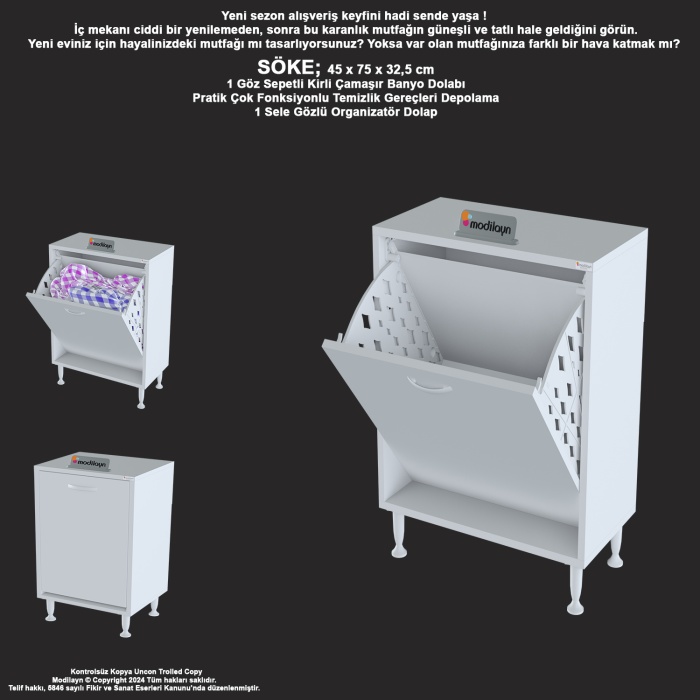 Modilayn SÖKE 45 x 75 x 32,5 cm 1 Göz Sepetli kirli çamaşır banyo dolabı piratik çok foksiyonlu düzenleyici dolap