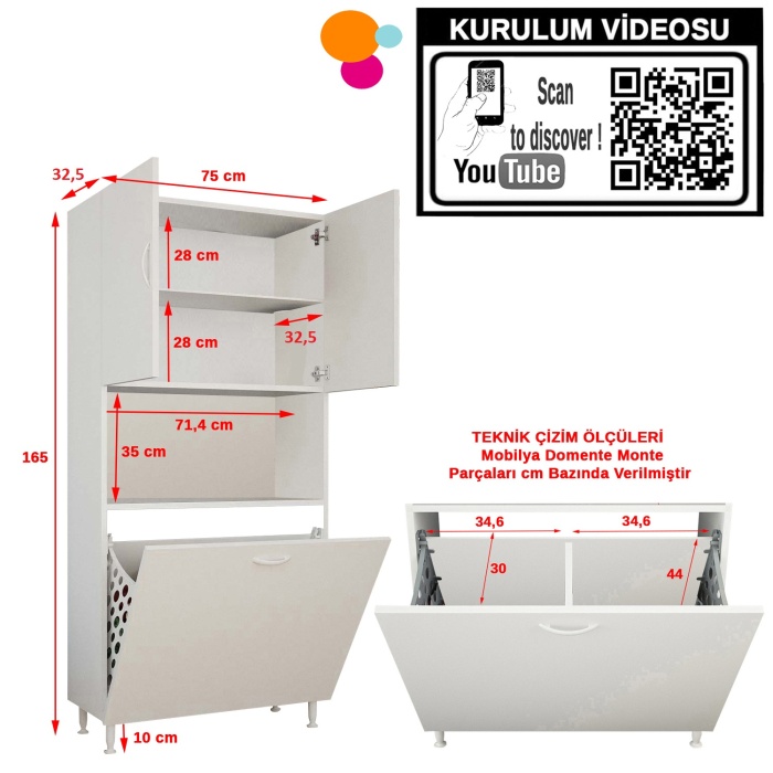 Modilayn MİLANO 75 X 160 cm 2 li Çamaşır Bölmeli Banyo Dolabı