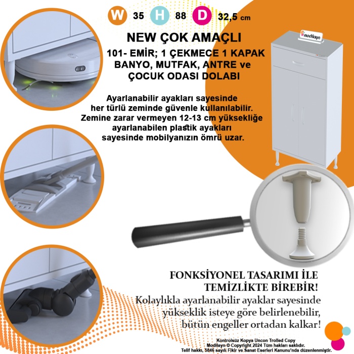 Modilayn EMİR 35 x 88 x 32,5 cm Kapaklı ve Çekmeceli Çok Amaçlı Banyo&Mutfak Dolabı