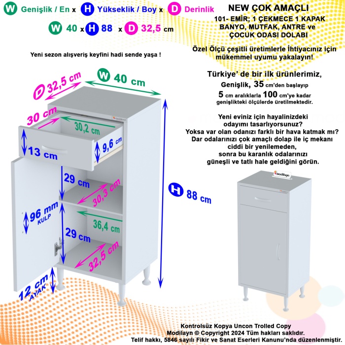 Modilayn EMİR 40 x 88 x 32,5 cm Kapaklı ve Çekmeceli Çok Amaçlı Banyo&Mutfak Dolabı