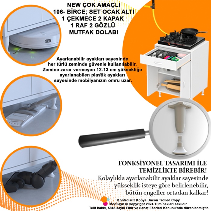 Modilayn BİRCE M-60 x 87 x 48 cm Set Üstü Ocak ve Çekmeceli Raflı Mutfak Dolabı