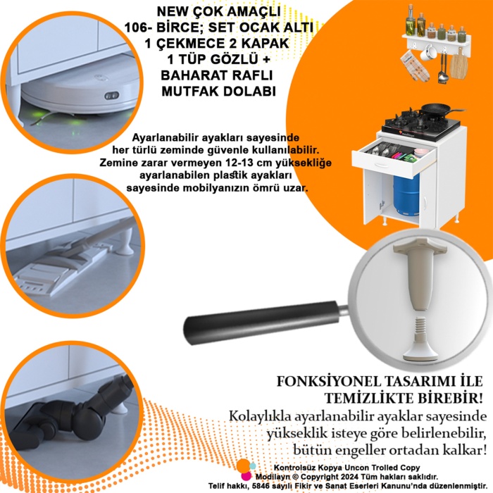 Modilayn BİRCE M-60 x 87 x 48 cm Tüp Bölmeli Set Ocak Altı Dolap ve Baharat Rafı