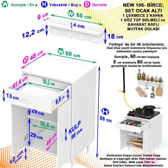 Modilayn BİRCE M-60 x 87 x 48 cm Kapaklı Set Ocak Altı Dolap ve Baharat Rafı