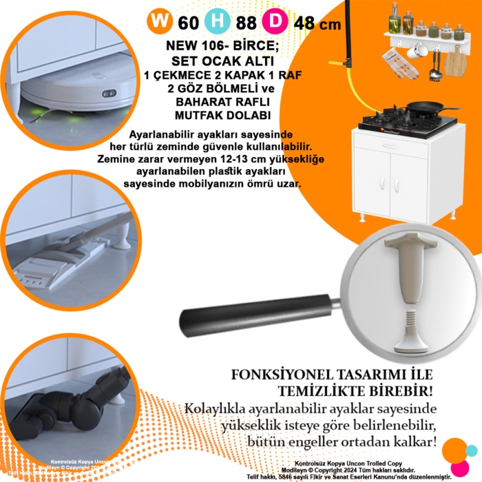 Modilayn BİRCE M-60 x 87 x 48 cm Kapaklı Set Ocak Altı Dolap ve Baharat Rafı