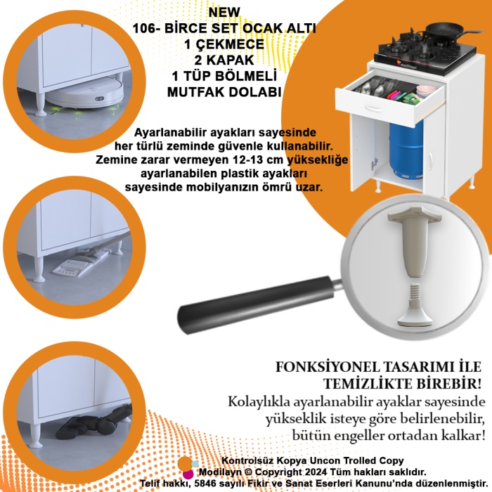 Modilayn BİRCE L-65 x 87 x 48 cm Set Üstü Ocak ve Tüp Bölmeli Çekmeceli Mutfak Dolabı