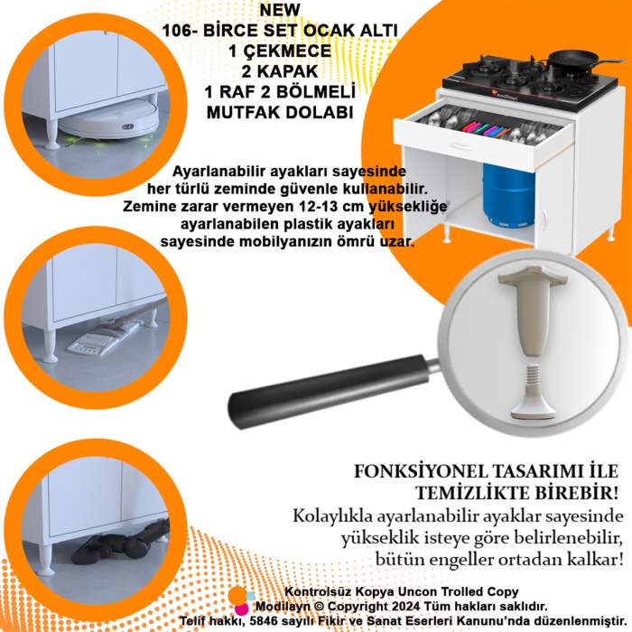 Modilayn BİRCE XL-70 x 87 x 48 cm Kapaklı Set Ocak Altı Çok Amaçlı Mutfak & Banyo Dolabı