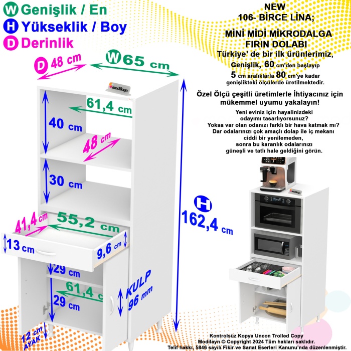 MODİLAYN BİRCE LİNA L-65 x 162,4 cm Çekmeceli Kapaklı Ankastre Fırın Ve Mutfak Dolabı