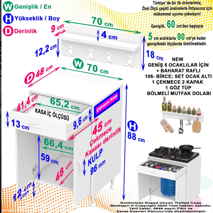 Modilayn BİRCE XL-70 x 87 x 48 cm Tüp Bölmeli Set Ocak Altı Dolap ve Baharat Rafı