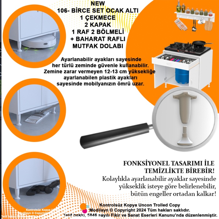 Modilayn BİRCE XXXL-80 x 87 x 48 cm Tüp Bölmeli Set Ocak Altı Dolap ve Baharat Rafı