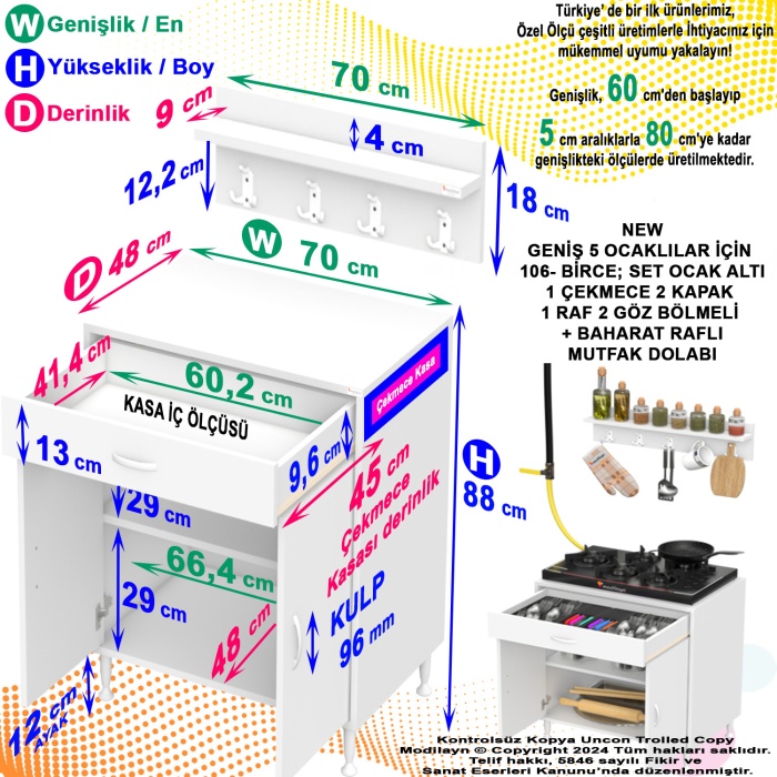 Modilayn BİRCE XL-70 x 87 x 48 cm Kapaklı Set Ocak Altı Dolap ve Baharat Rafı