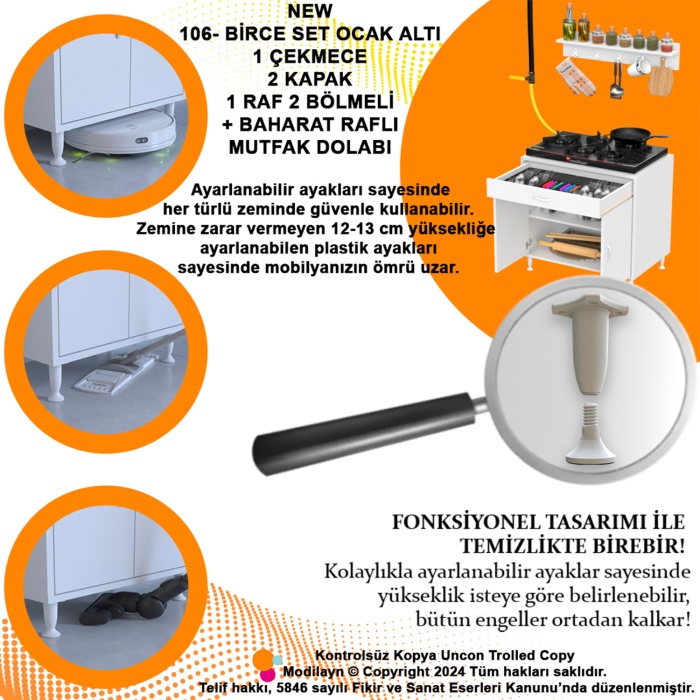 Modilayn BİRCE XXL-75 x 87 x 48 cm Kapaklı Set Ocak Altı Dolap ve Baharat Rafı