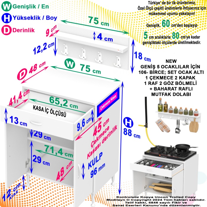 Modilayn BİRCE XXL-75 x 87 x 48 cm Kapaklı Set Ocak Altı Dolap ve Baharat Rafı