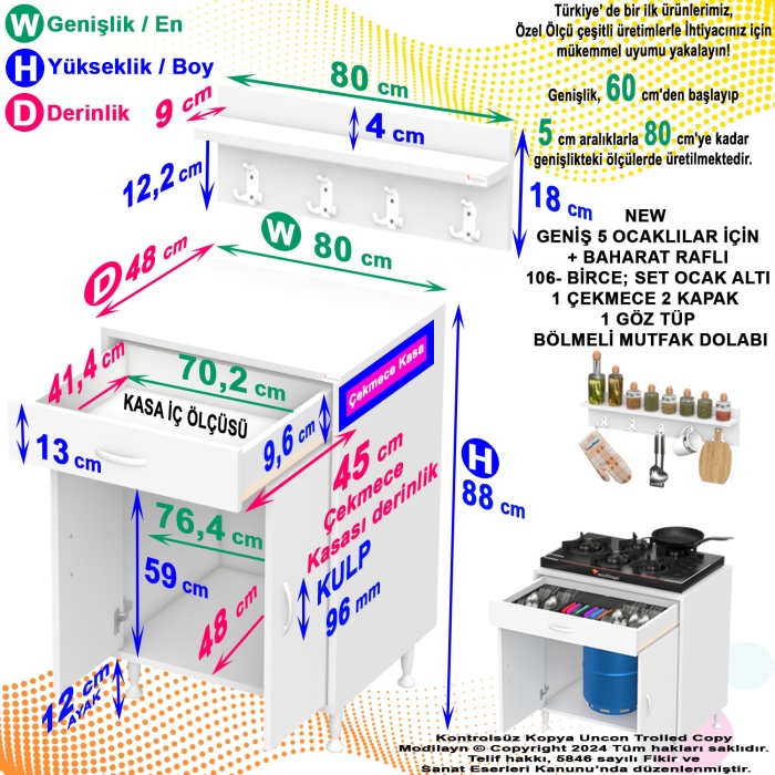 Modilayn BİRCE XXXL-80 x 87 x 48 cm Tüp Bölmeli Set Ocak Altı Dolap ve Baharat Rafı