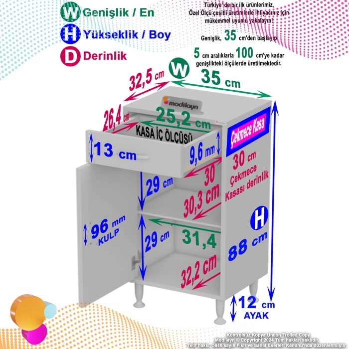 Modilayn EMİR 35 x 88 x 32,5 cm 1 Çekmece 1 Kapak 1 Raf 2 Bölme Çok Amaçlı Banyo & Mutfak Dolabı 