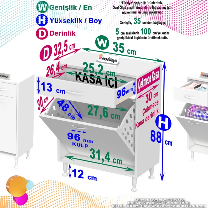 Modilayn EMİR 35 x 88 x 32,5 cm 1 Göz Sepetli kirli çamaşır banyo dolabı piratik çok foksiyonlu düzenleyici dolap