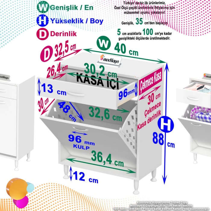 Modilayn EMİR 40 x 88 x 32,5 cm 1 Göz Sepetli kirli çamaşır banyo dolabı piratik çok foksiyonlu düzenleyici dolap