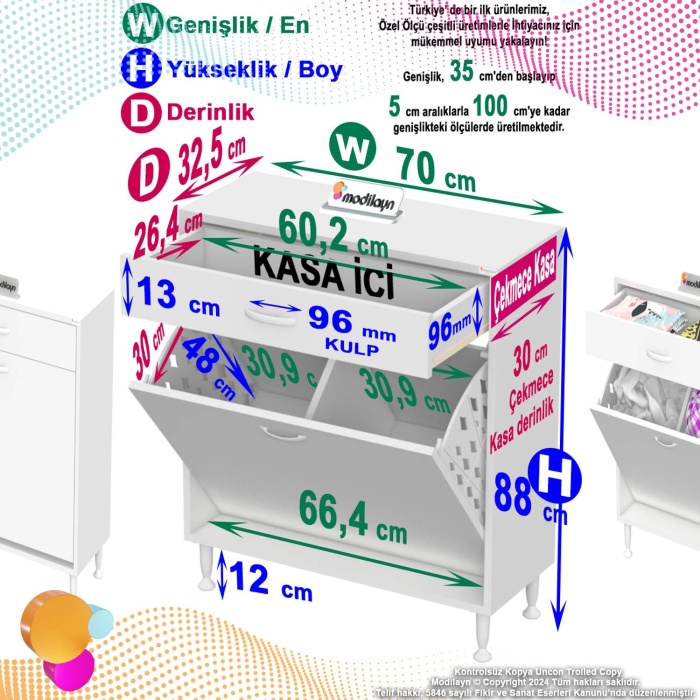 Modilayn EMİR 70 x 88 x 32,5 cm 2 Göz Sepetli kirli çamaşır banyo dolabı piratik çok foksiyonlu düzenleyici dolap