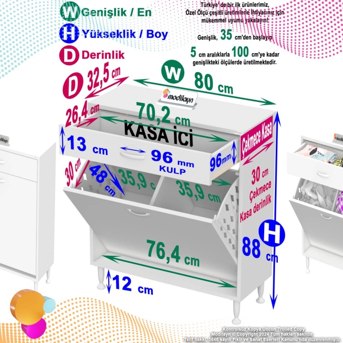 Modilayn EMİR 80 x 88 x 32,5 cm 2 Göz Sepetli kirli çamaşır banyo dolabı piratik çok foksiyonlu düzenleyici dolap