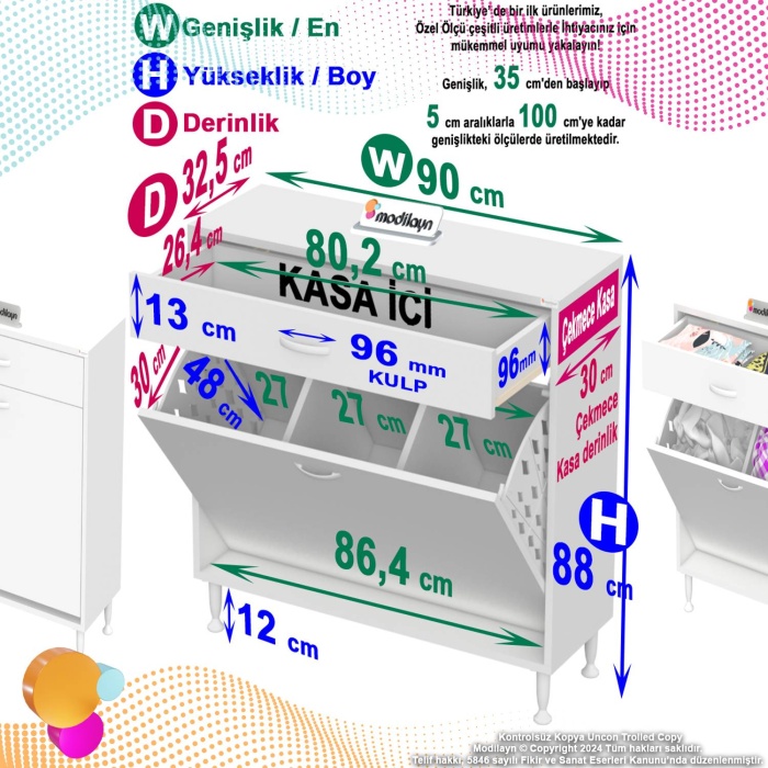 Modilayn EMİR 90 x 88 x 32,5 cm 3 Göz Sepetli kirli çamaşır banyo dolabı piratik çok foksiyonlu düzenleyici dolap