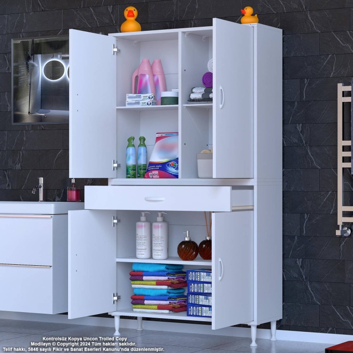 Modilayn YENİ AFRA 90x173x32,5 cm 1 Çekmece 4 Kapak 3 Raf 6 Bölme Çok Amaçlı Banyo & Mutfak Dolabı 