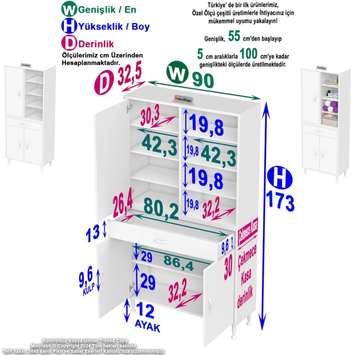 Modilayn AFRA 90x173x32,5 cm 1 Çekmece 3 Kapak 7 Raf 10 Bölme Çok Amaçlı Banyo & Mutfak Dolabı 