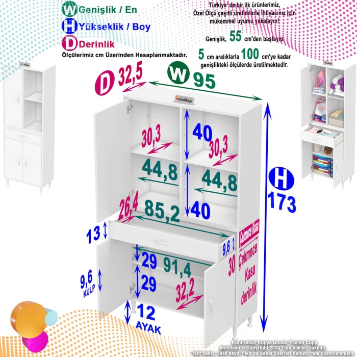 Modilayn AFRA 95x173x32,5 cm 1 Çekmece 3 Kapak 3 Raf 6 Bölme Çok Amaçlı Banyo & Mutfak Dolabı 