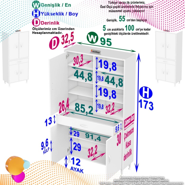 Modilayn YENİ AFRA 95 x 173 x 32,5 cm 1 Çekmece 4 Kapak 7 Raf 10 Bölme Çok Amaçlı Banyo & Mutfak Dolabı 